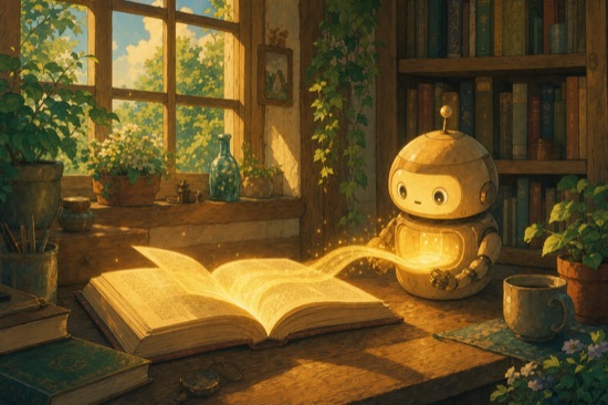 Ilustracja: ksiazka leje swiatlo wiedzy do malego asystenta AI
